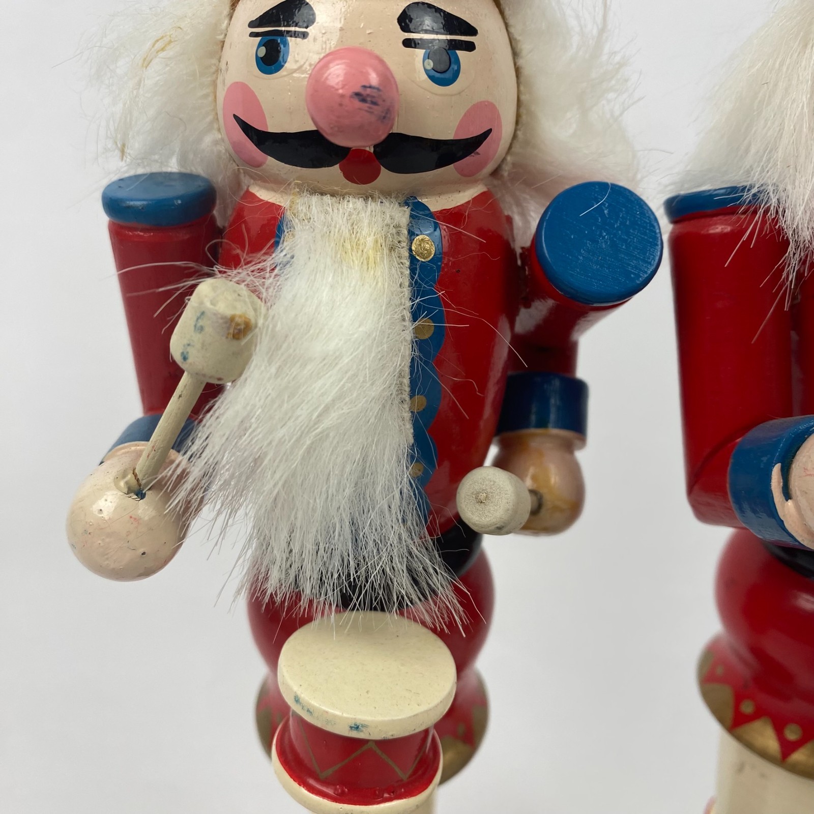 PAIR Lefton Nutcracker Soldier Wooden Candle Stick Holders Red Drum 10” Vintage