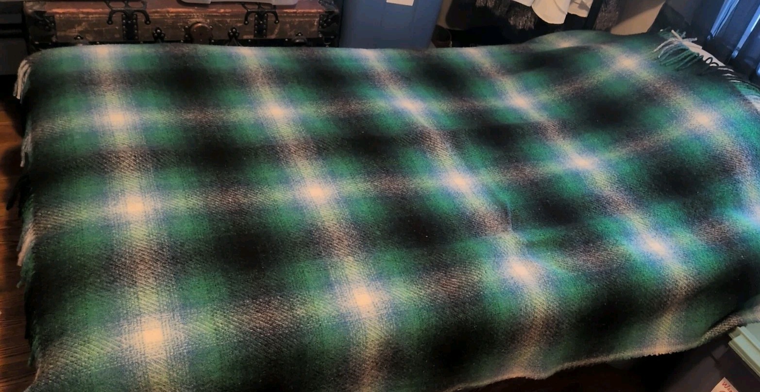 Foxford Ireland Wool Blanket Fringe Irish Plaid 65×58” Green White Black Vtg