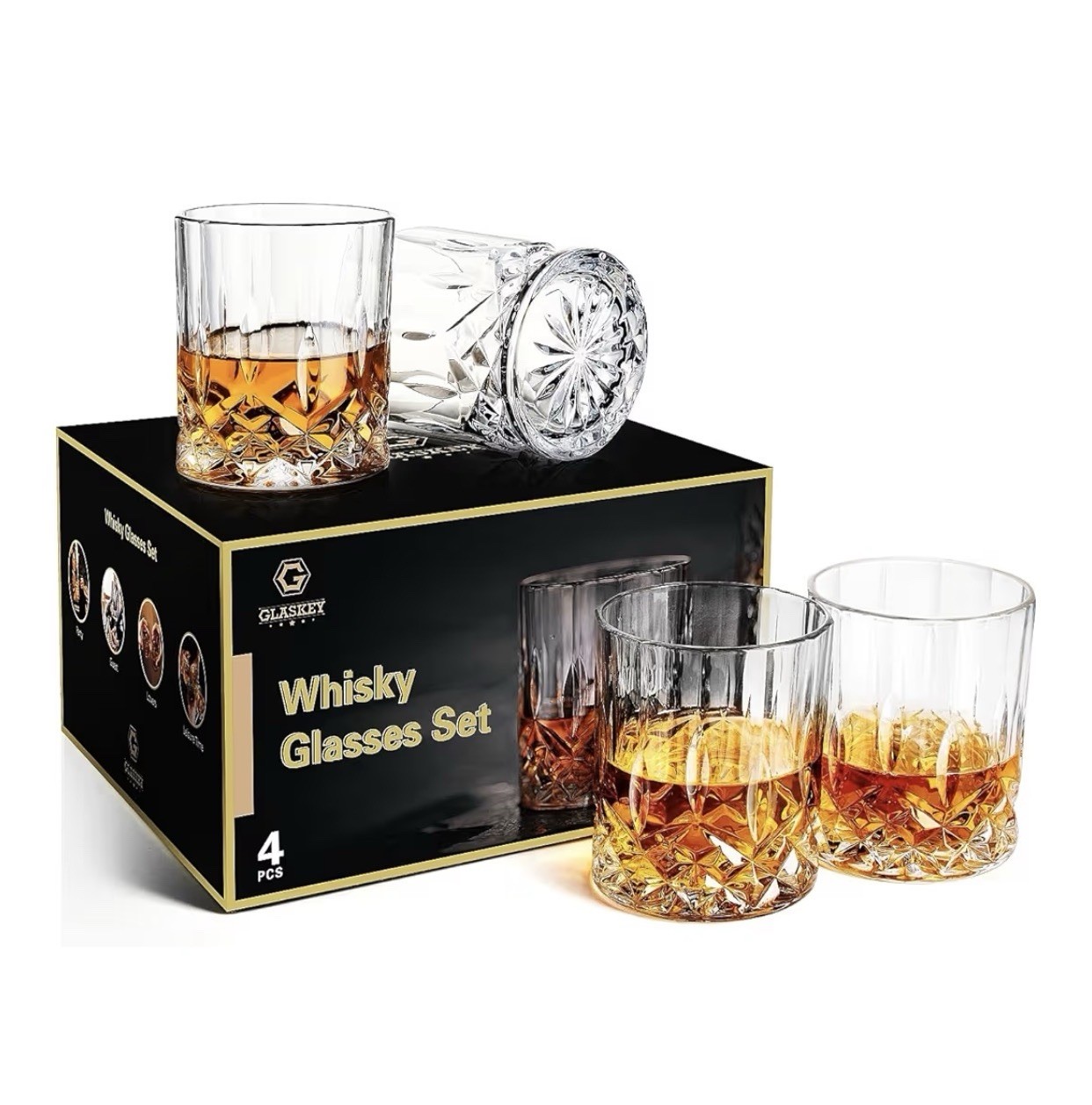 GLASKEY Whiskey Glasses Set of 4 10oz Lead-Free Heavy Base Clear Cut