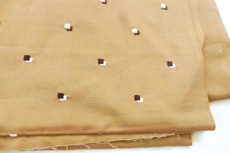 50s 60s VTG Embroidered Dressmaker’s Fabric Coffee w Brown & White Squares 6yds