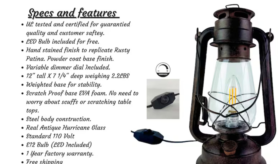 Dimmable Rustic Electric Lantern Lamp with Rust Patina Finish, UL Listed