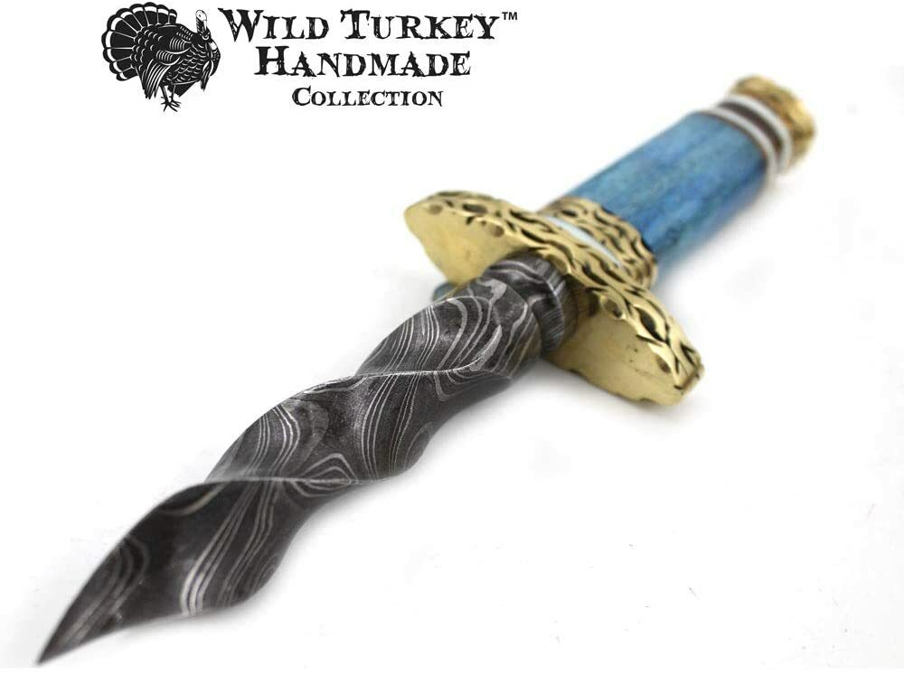 Wild Turkey Handmade Damascus Steel Spiral Dagger with Leather Sheath – Damascus
