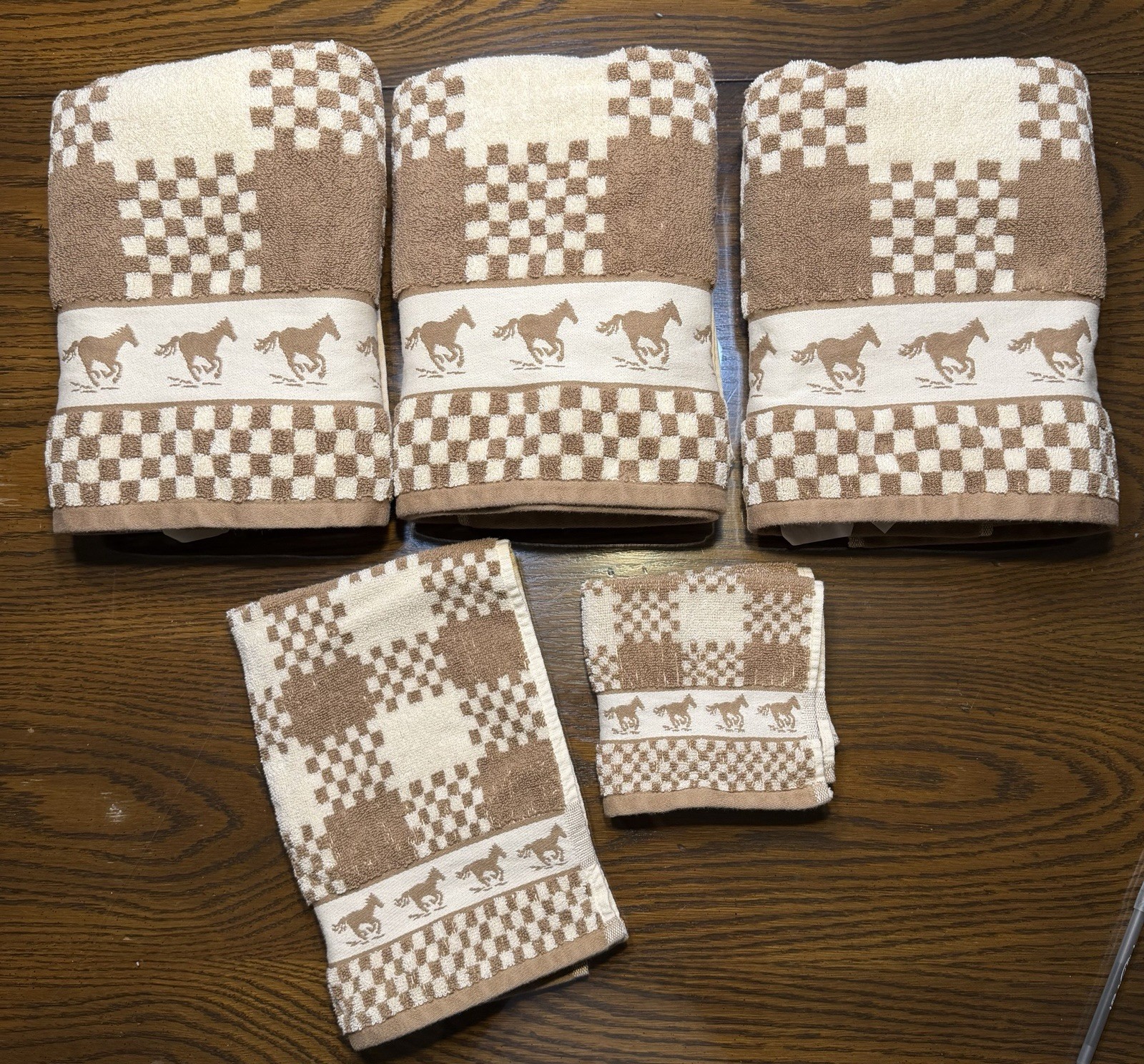 Set of 5 Welspun 100% Cotton Towels Western Lodge Checked Horse Brown READ