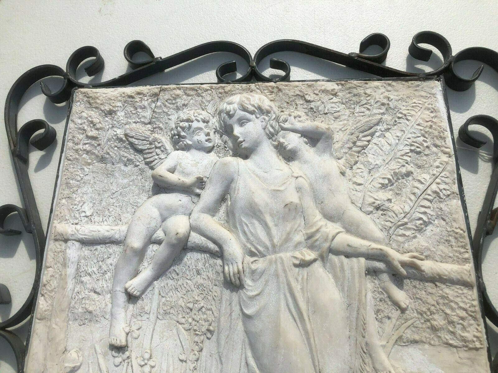 Antique Neo-Classical Plaster Plaque Lovely Woman & Cherubs w/Wrought Iron Frame