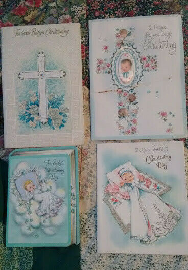 4 Vintage Baby Christening Card Lot Mid Century glitter satin cross dainty gown