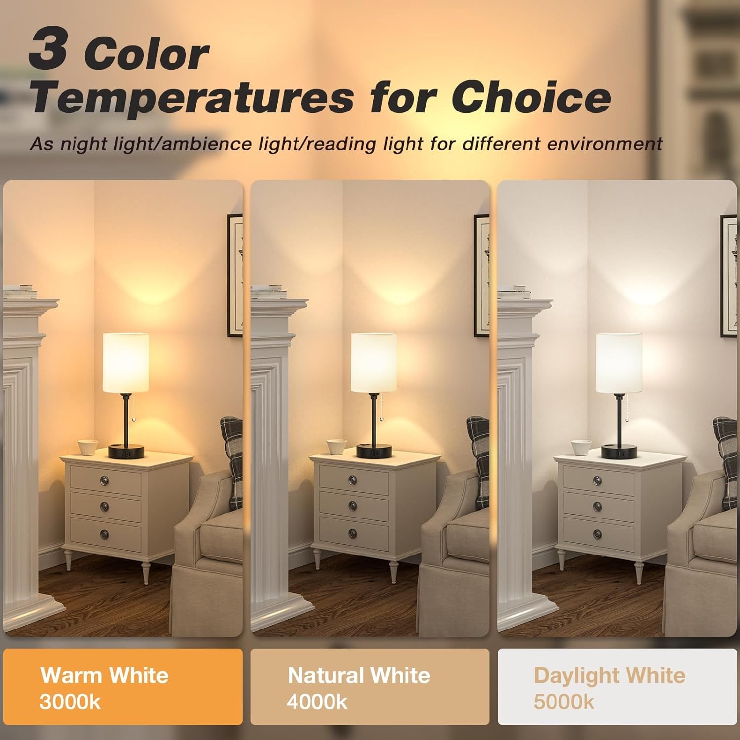 Small Bedside Table lamp for Bedroom – 3 Color Temperatures 14.6in, White
