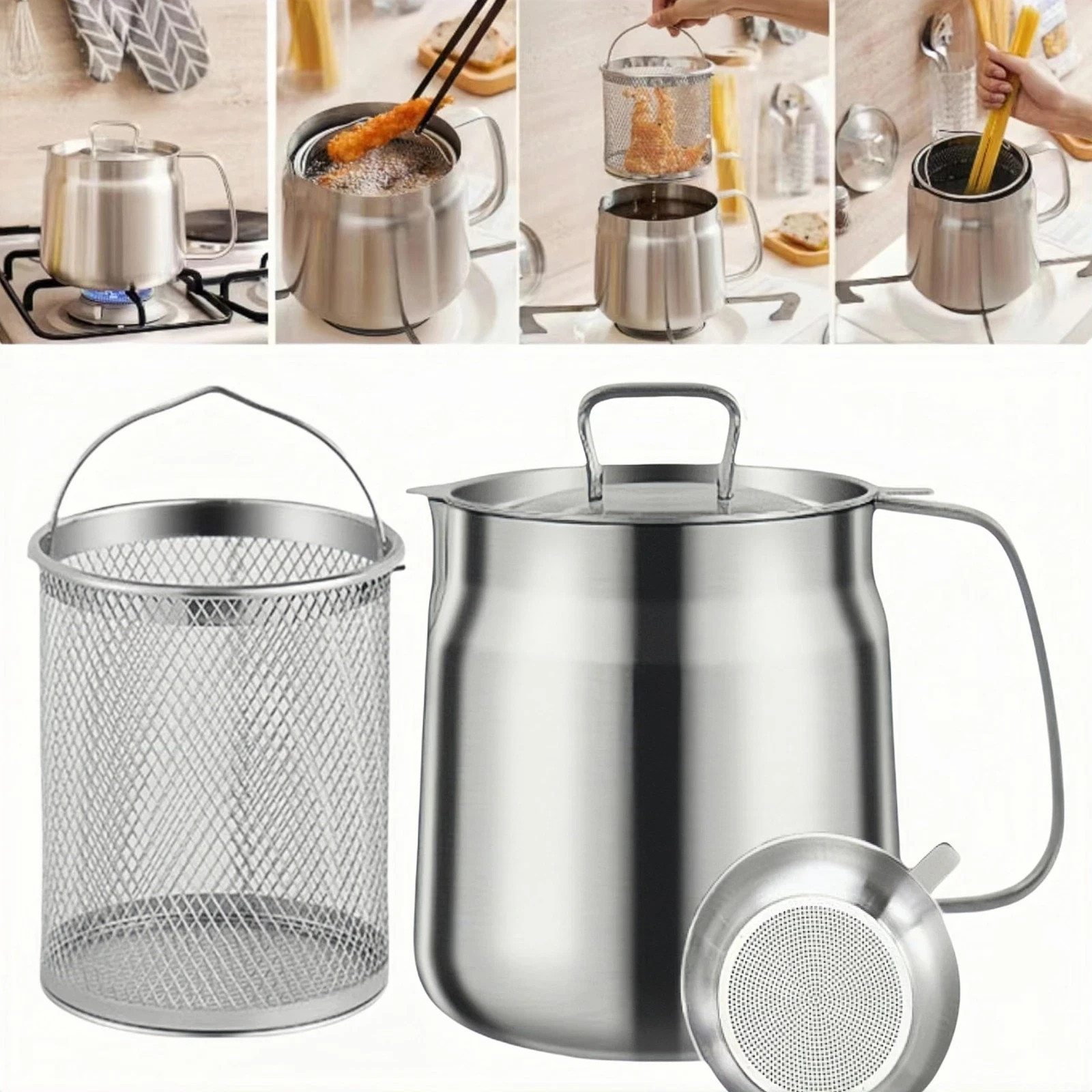 68oz 304 Stainless Steel Deep Fryer Pot with Basket & Strainer, Large Capacit…