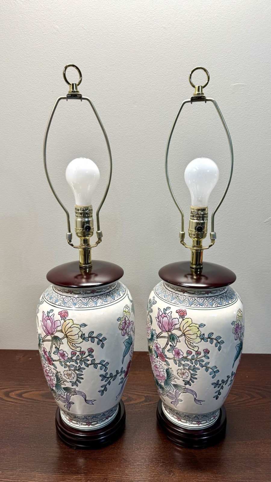 Pair Floral Ginger Jar Table Lamps Asian Chinoiserie Porcelain Vintage