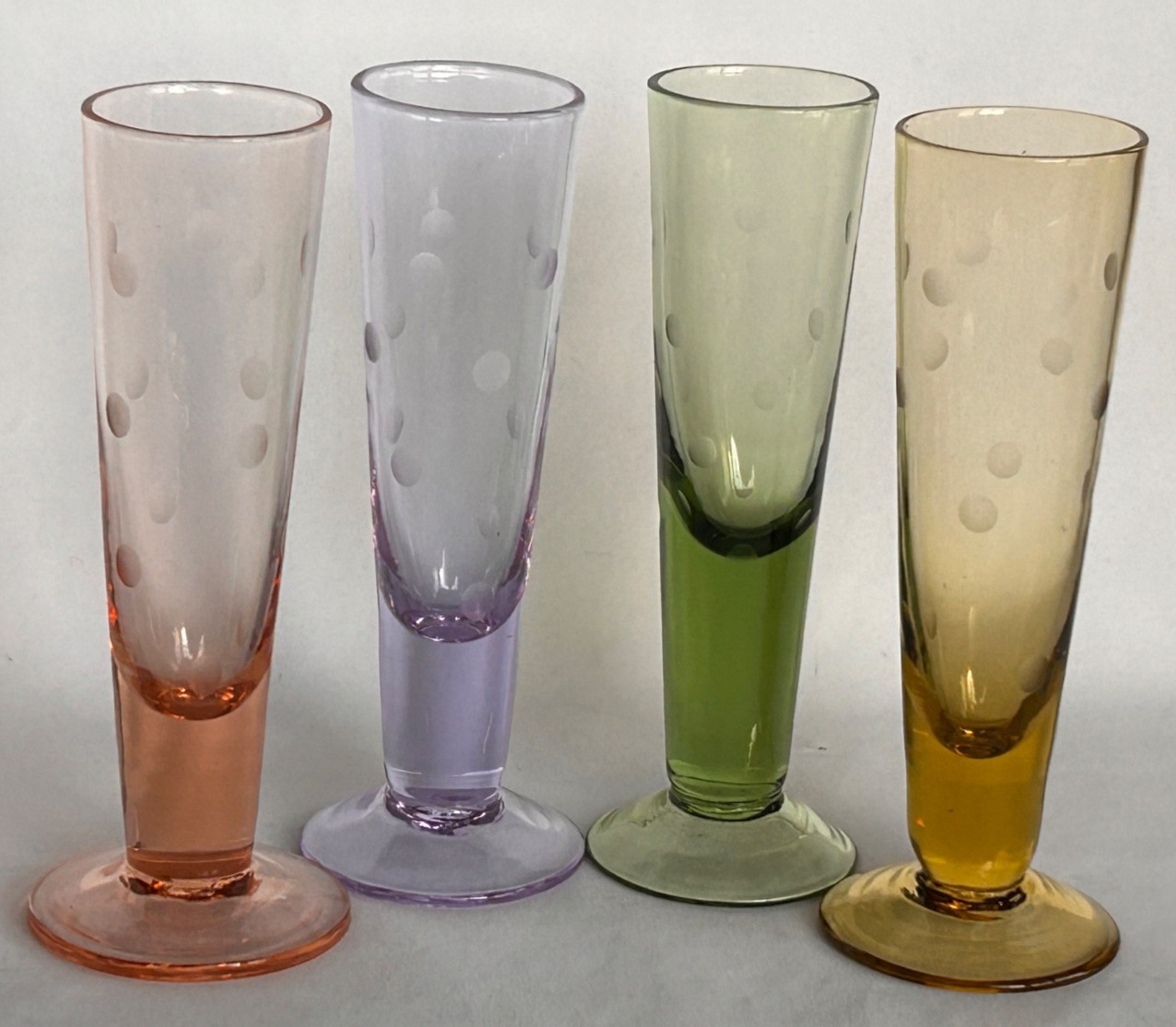 Vtg Set of 4 Etched Polka Dot Jewel Colors Cordial/ Shot Glasses 5″ Tall EXC!