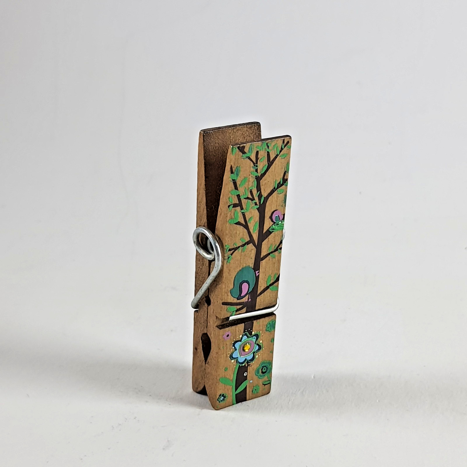 Vintage Large Hand Painted Wooden Clothespin Folk Art Bird Tree Memo Holder