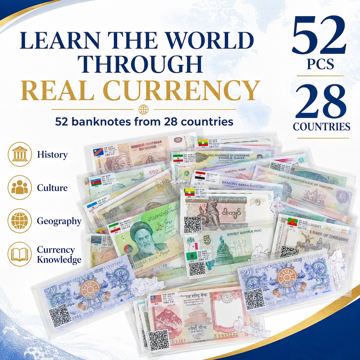 Lots 52 Pcs Different World Banknotes Paper Money Foreign UNC Collection Gift