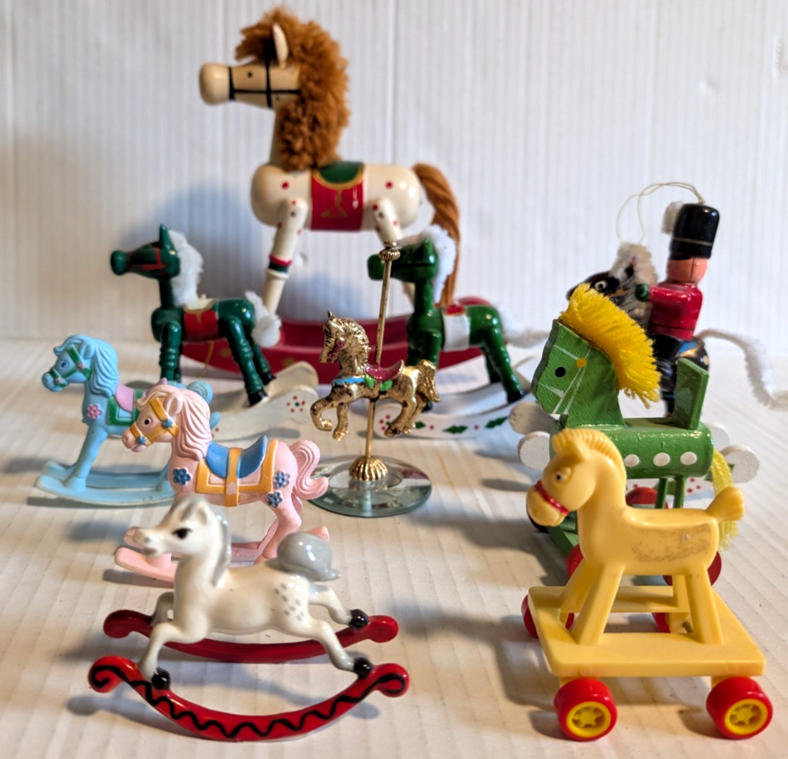 9 Vintage Rocking Horse Ornaments Wood Plastic Metal 3 – 7 Inches Tall