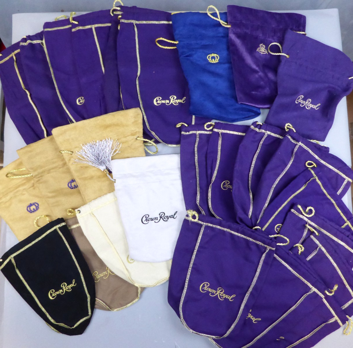 Lot of 26 Crown Royale Bags Mixed Color Sizes Black Gold Blue Tan