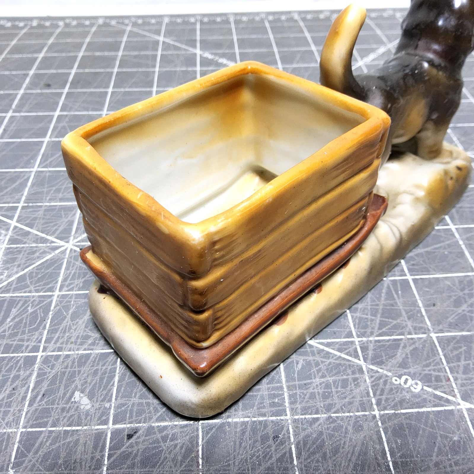 Vtg repaired scottish terrier pulling sled basket ceramic dog planter japan 60s