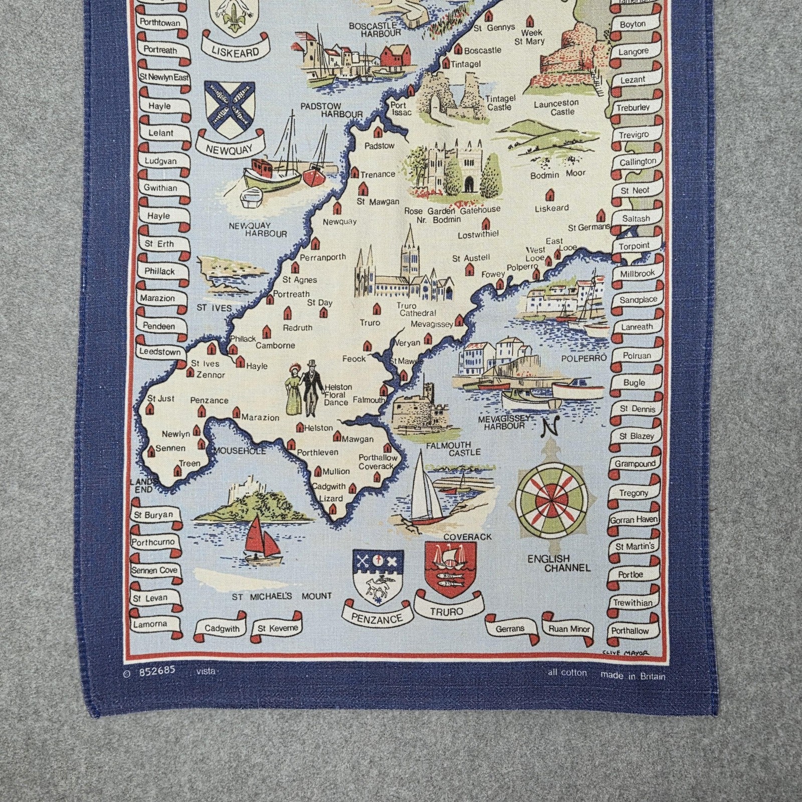 Vintage Cornwall England Map Tea Towel Vista All Cotton Made In Britain Souvenir