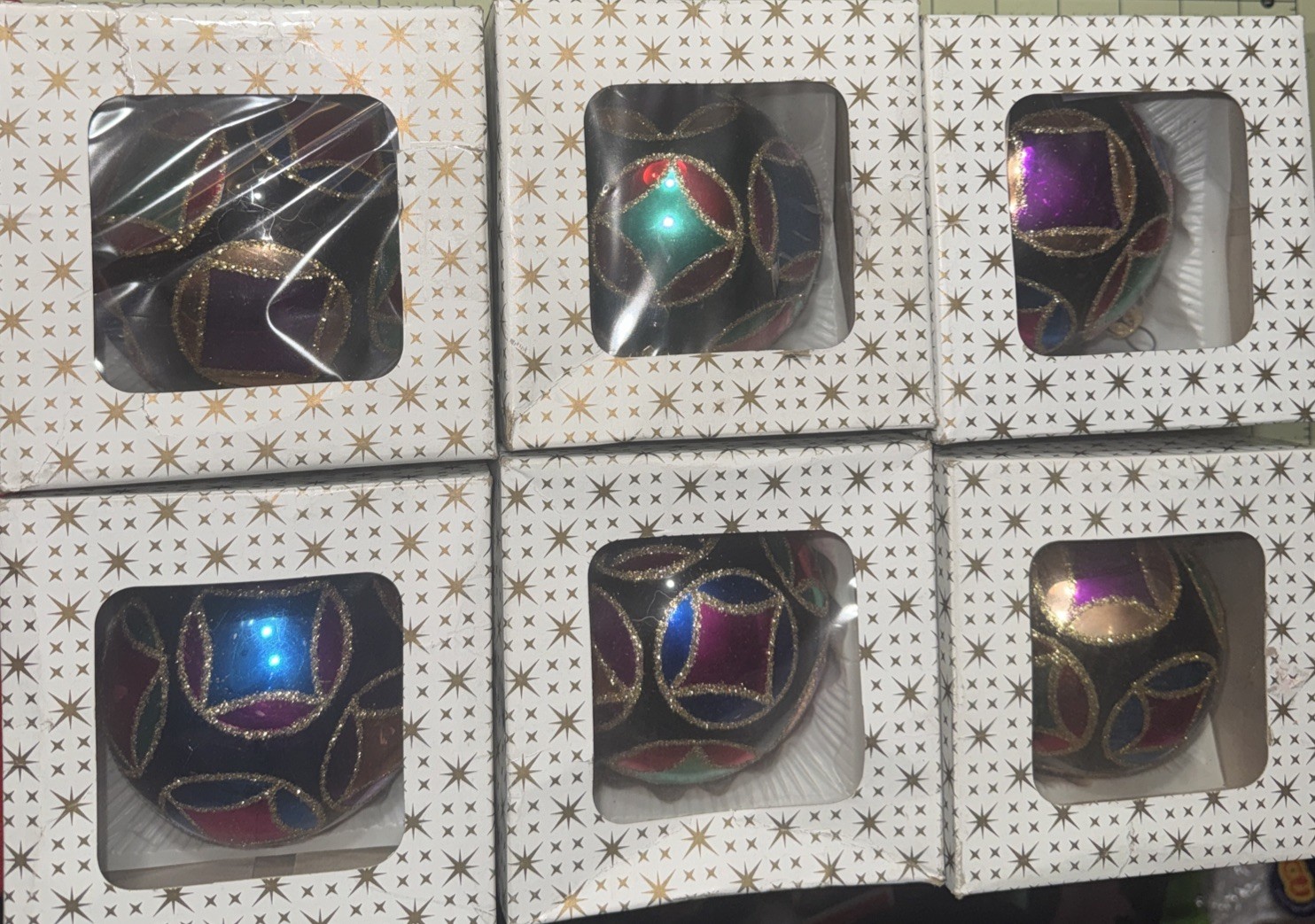 Radko ? Black Red Circles & Squares Multicolored Glass Ball Ornaments Poland X6