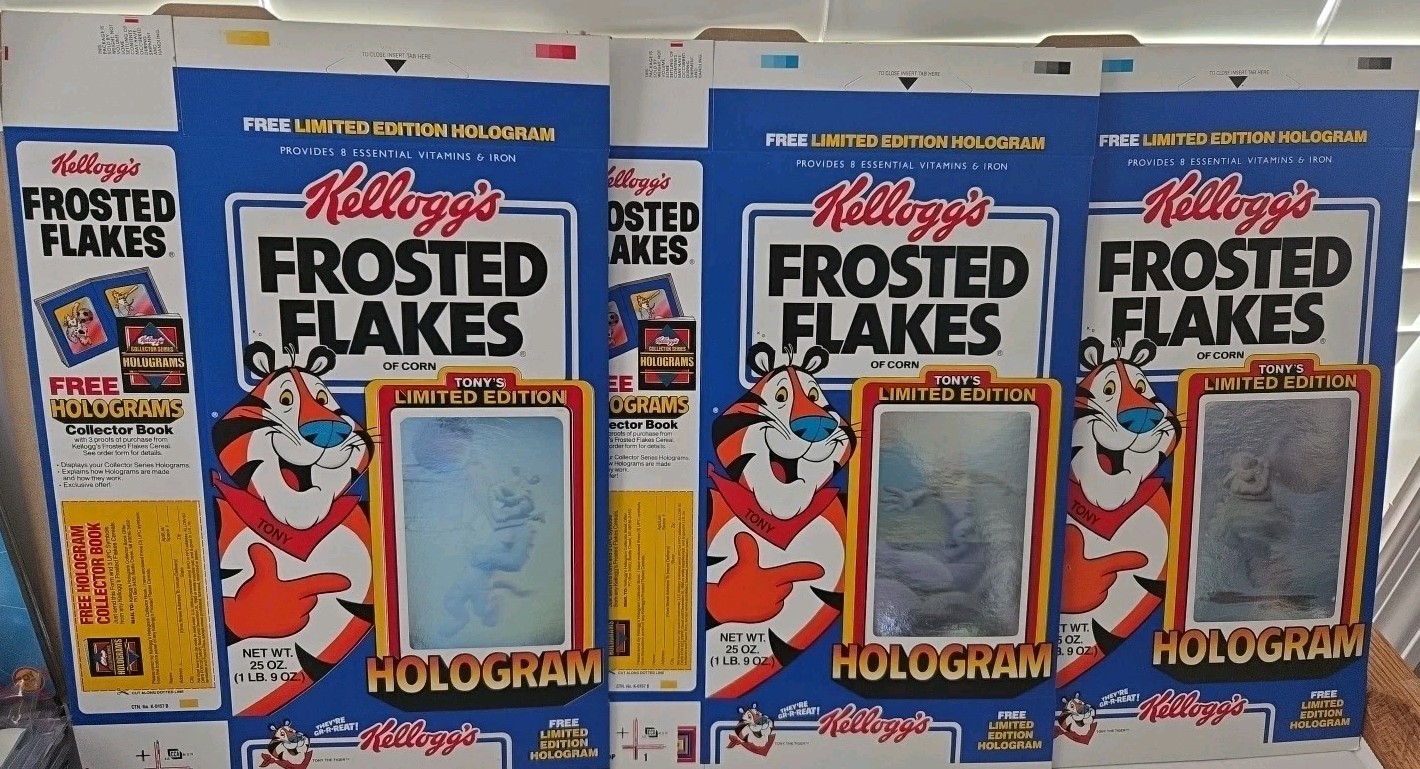 Kellogg’s Frosted Flakes Compl. Set of 3 Hologram Empty Cereal Boxes 1988 Read!