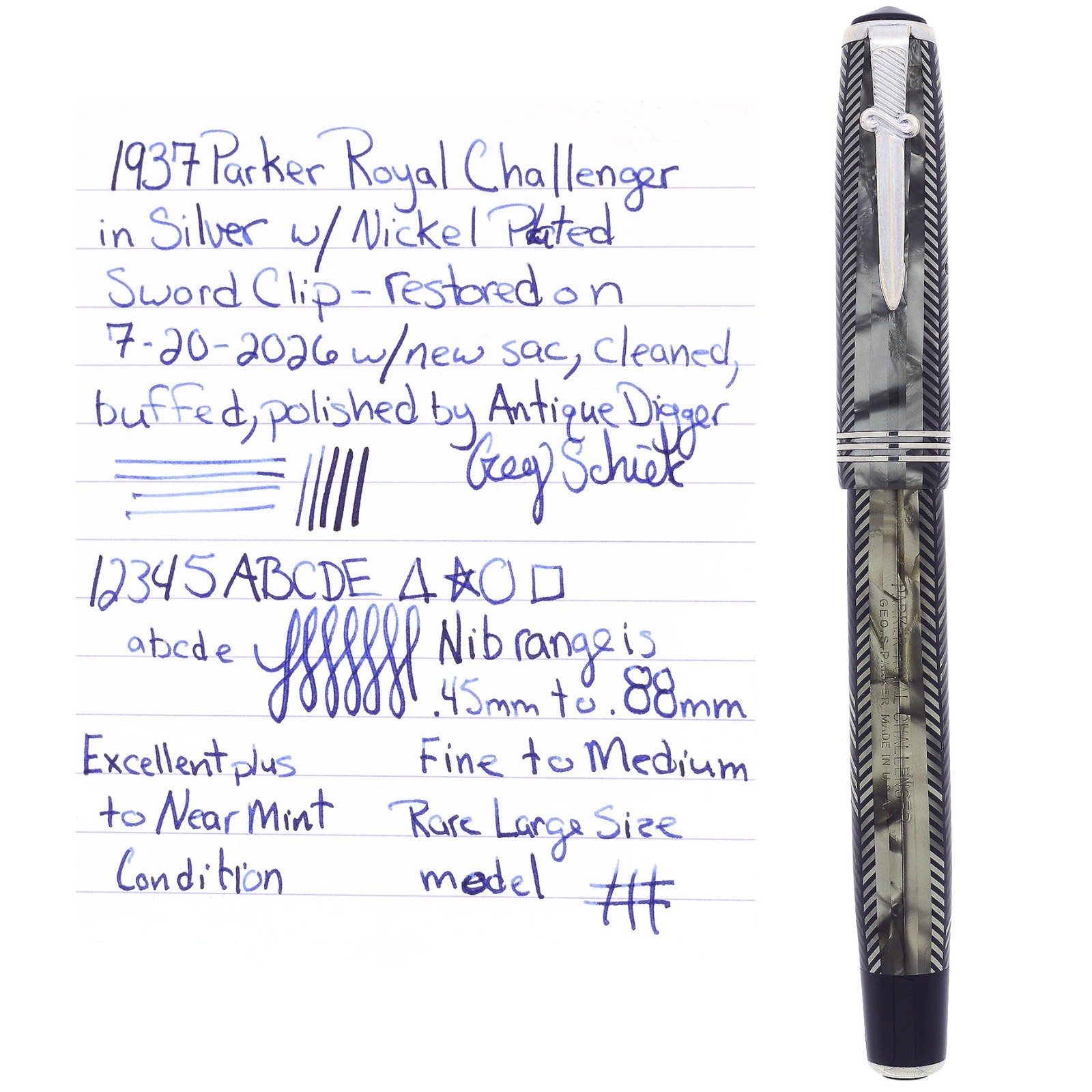 1937 PARKER SILVER ROYAL CHALLENGER SWORD CLIP LARGE SIZE FOUNTAIN PEN RESTORED