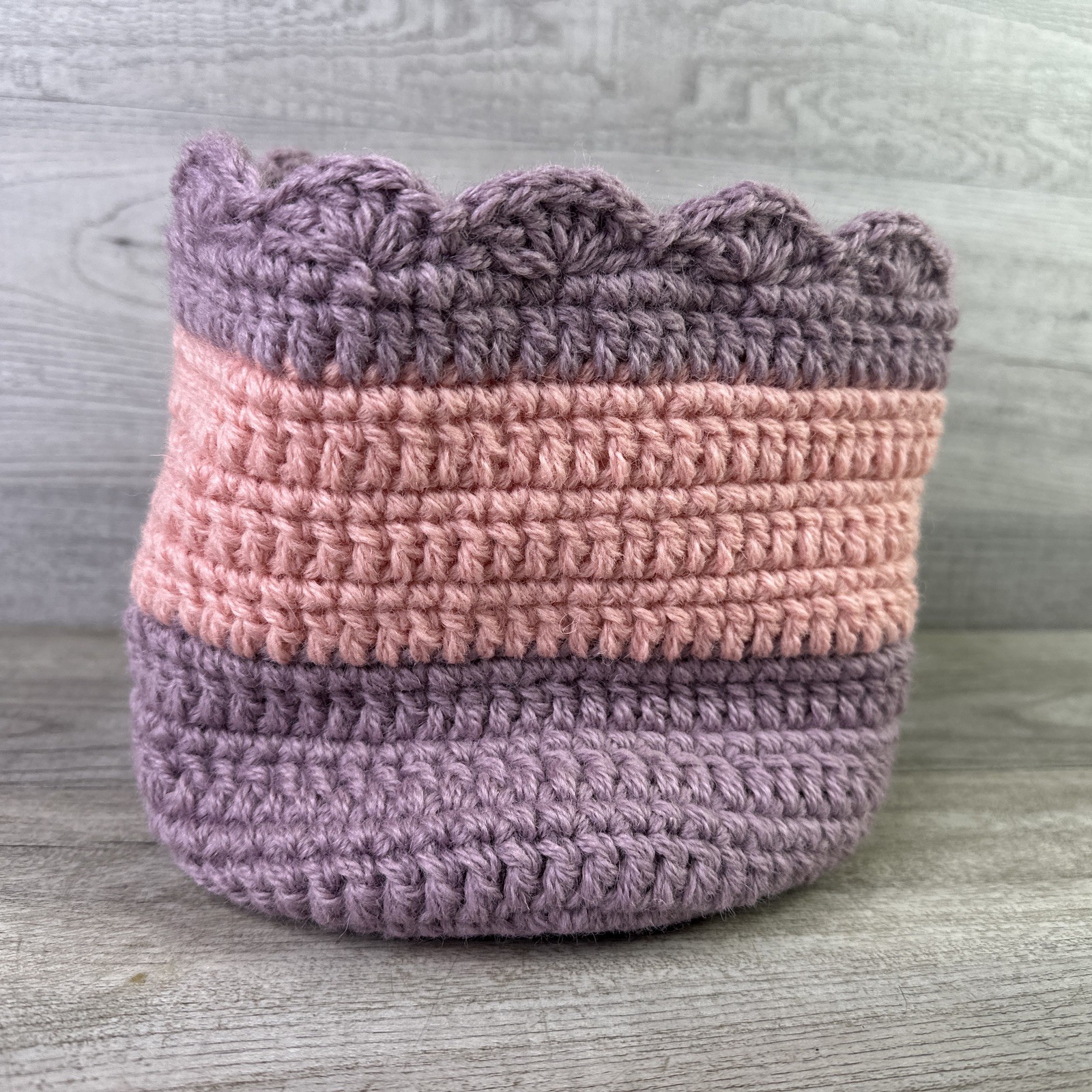 Hand Crochet Pink & Purple 7″ Tall Storage Basket Foldable