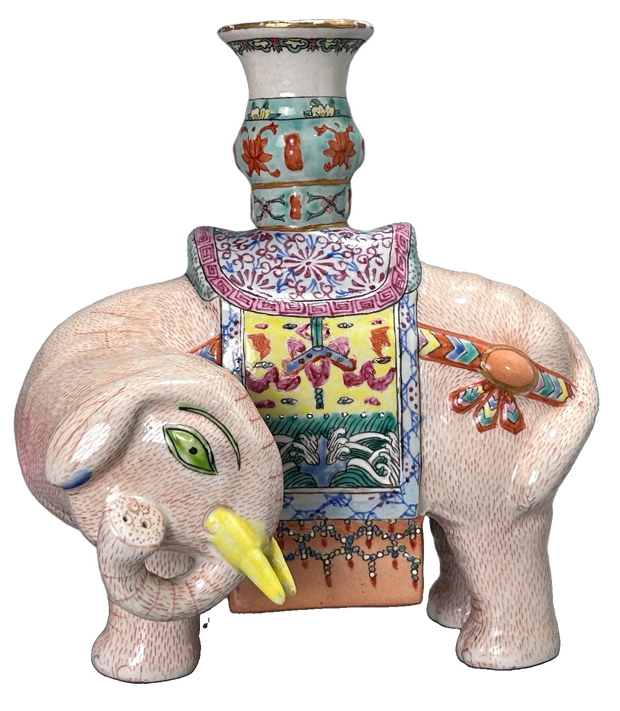 Vintage Chinese Export Candle Holder Elephant Shaped 20thC 7.75”H Porcelain