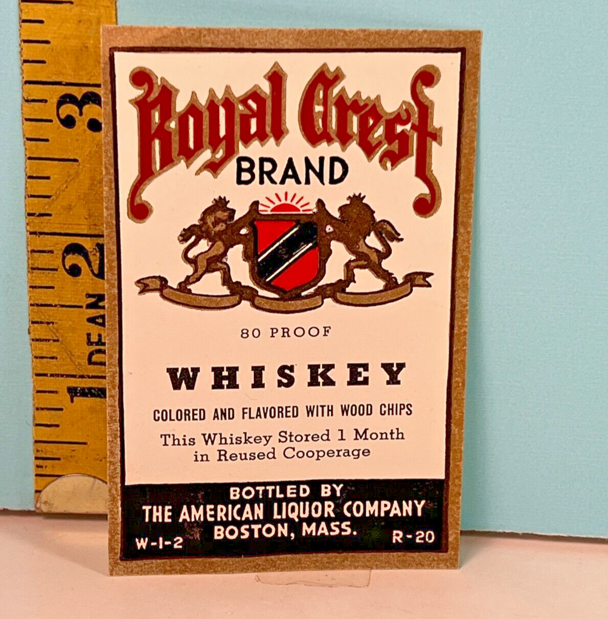 Vtg Royal Crest Imported Distilled 80 Proof Whiskey Boston, Mass Bottle Label.