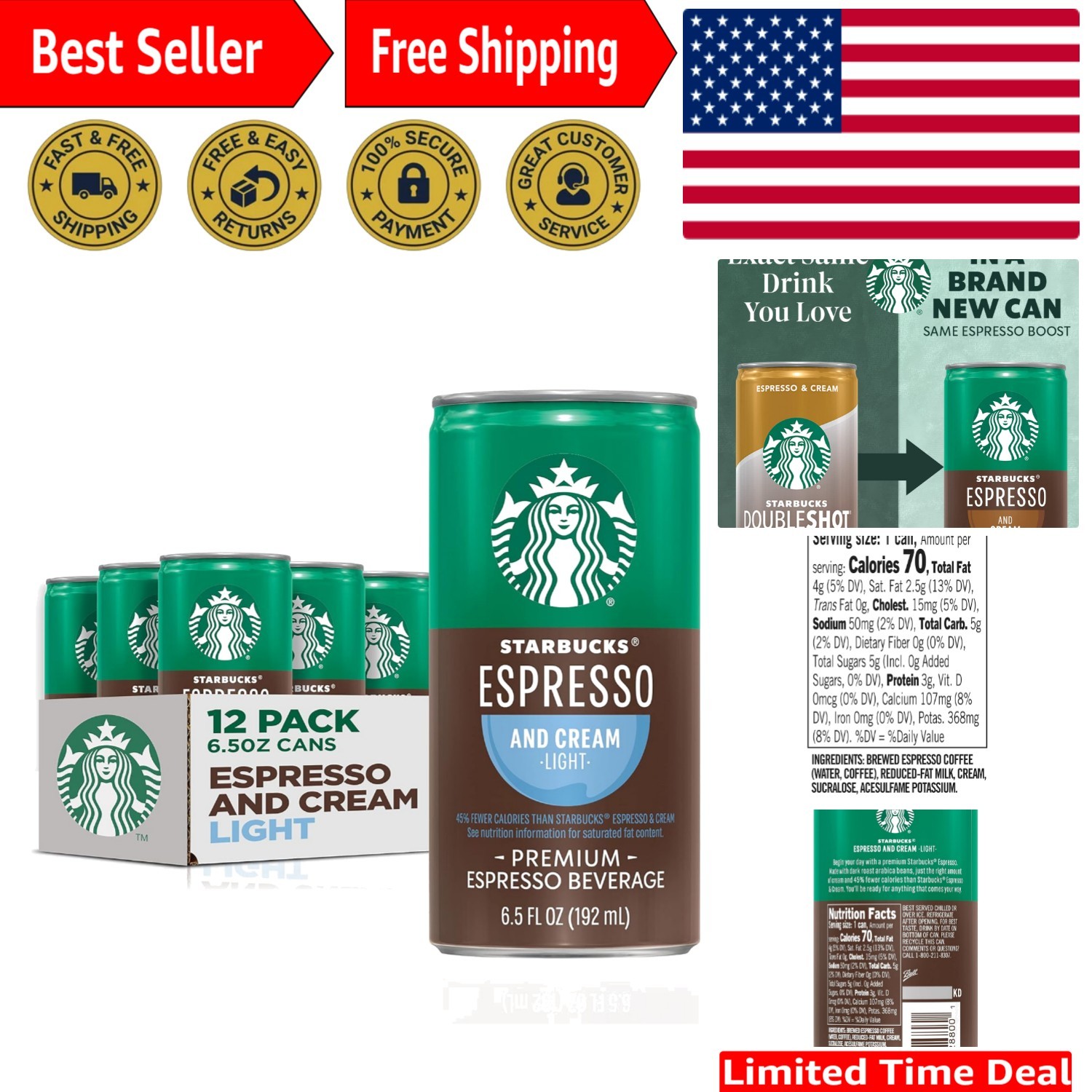Gourmet Espresso & Cream Light, 12 Cans (6.5 Fl Oz) – Low Calorie Coffee Energy