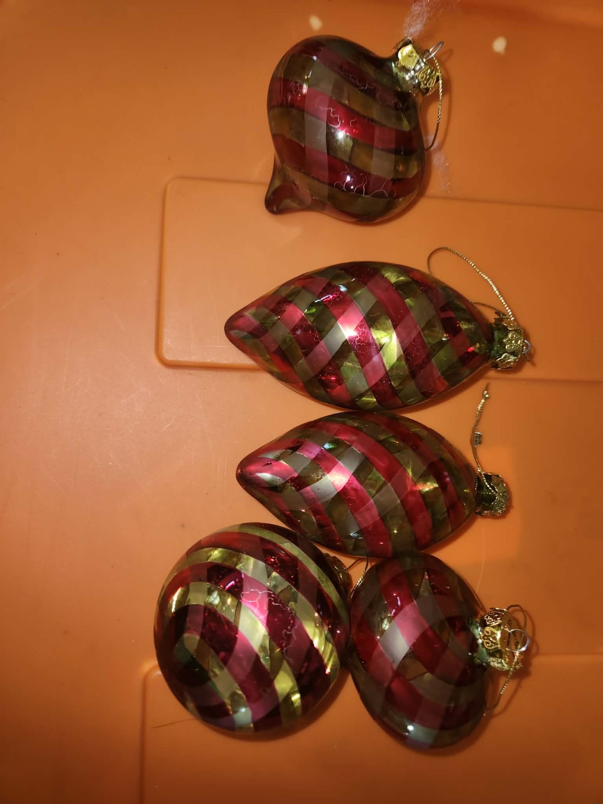 Set of 5 Glass Red & Gold Striped Christmas Ornaments