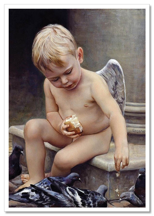 Pretty Angel Little Boy feeds pigeons KIDS ART Slava NEW modern Postcard