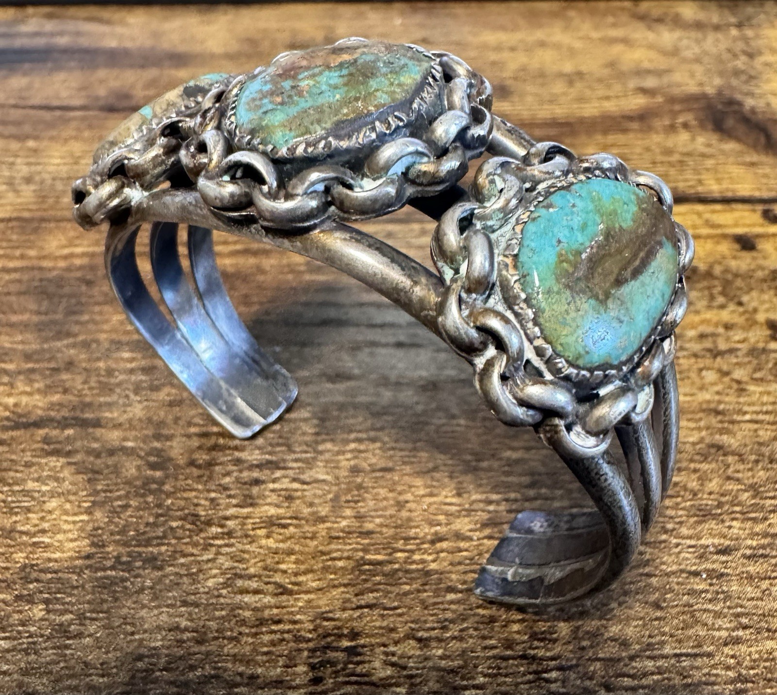 Coin Silver and Turquoise Cuff Bracelet – Early Vintage Southwestern – 1920s-40s