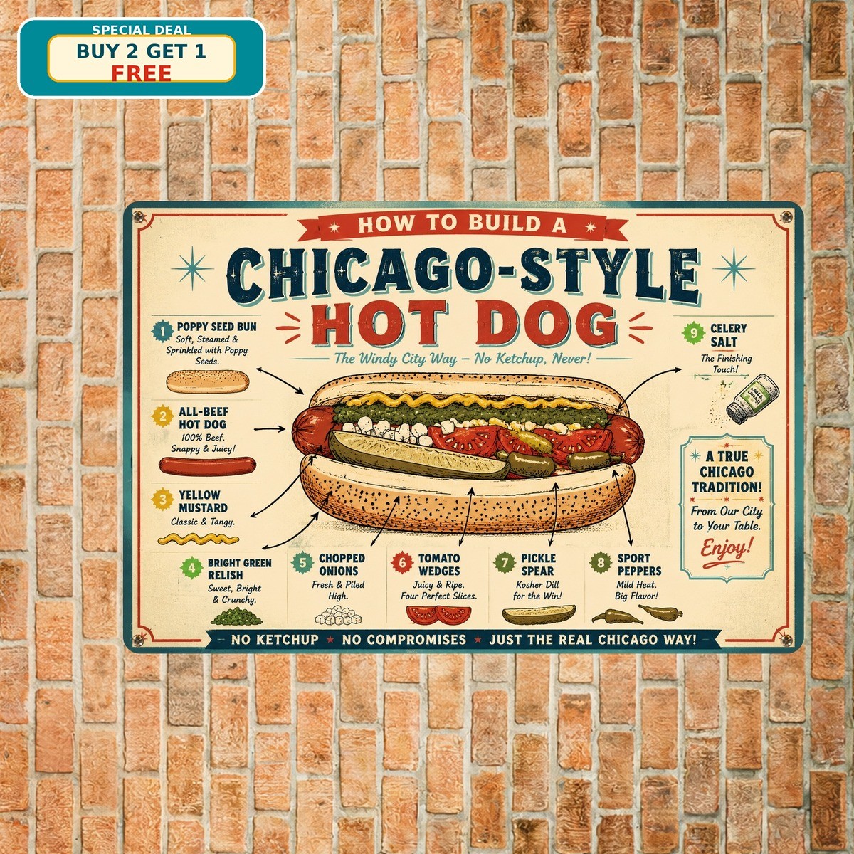 Chicago Style Hot Dog Metal Sign Retro Diner Cafe Kitchen Restaurant Decor