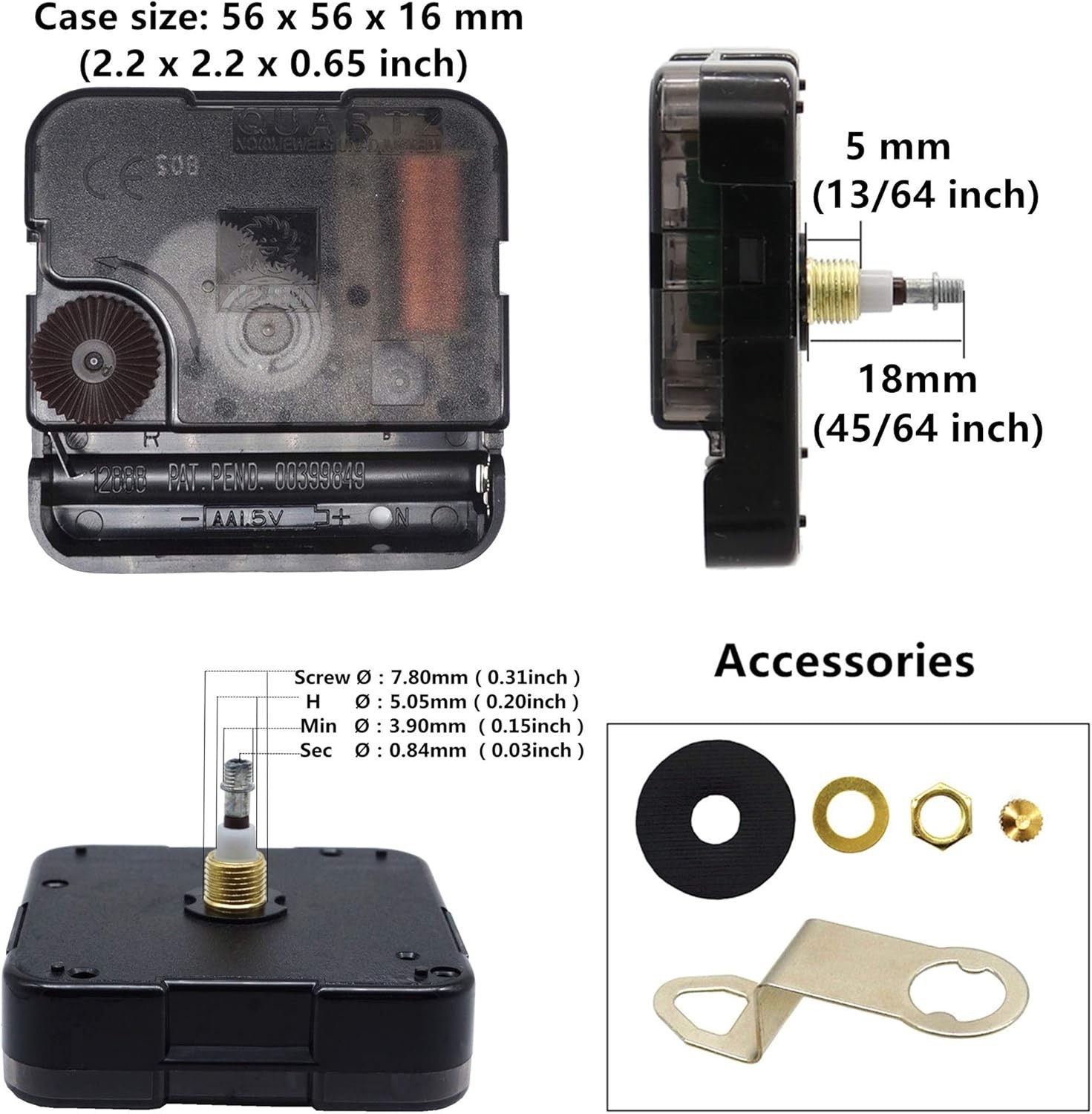 Wall Mount Quartz Clock Movement DIY Kit – Includes Hands and Hook Accessories