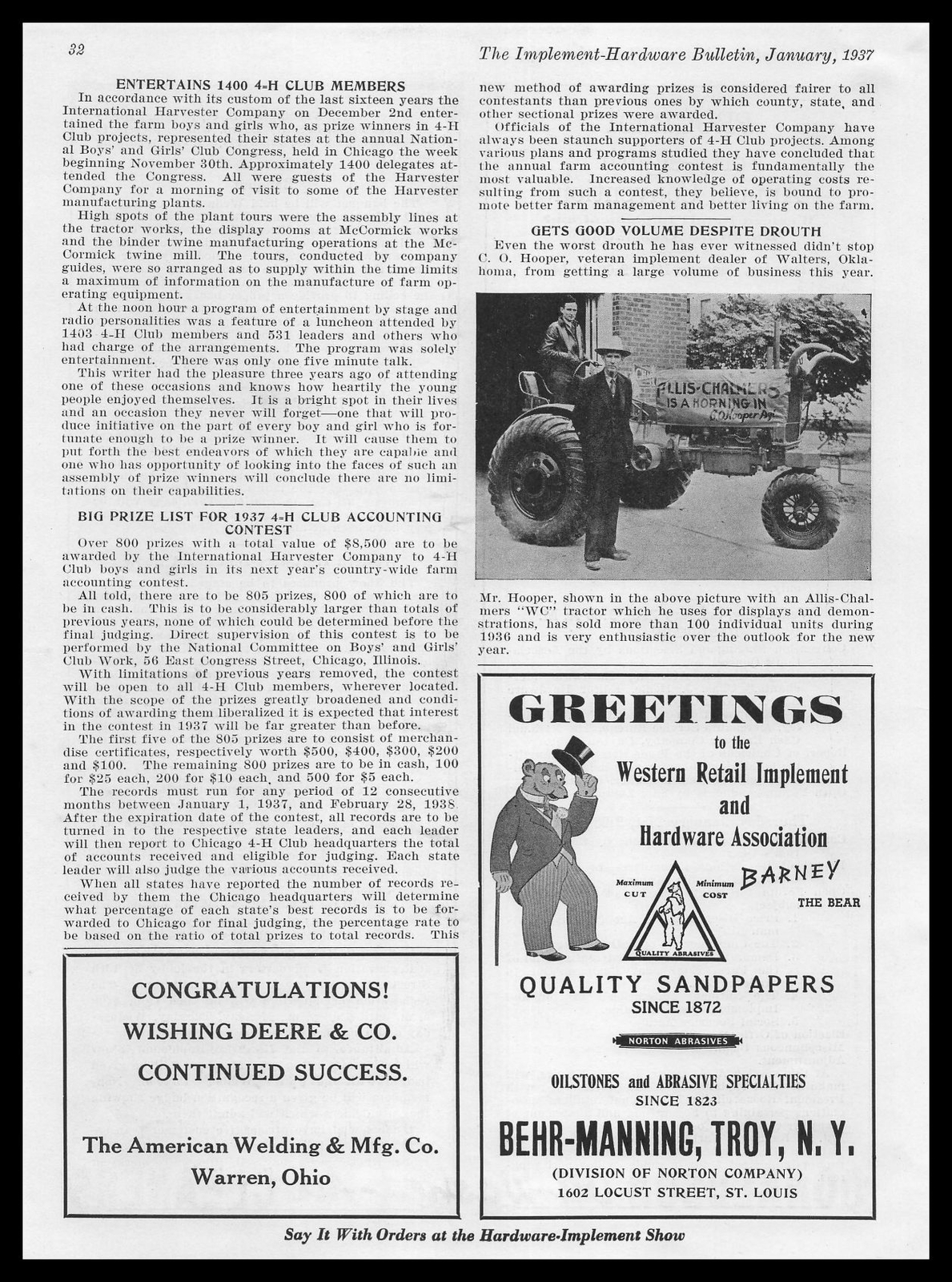 1937 C. O. Hooper Walters Oklahoma Photo Allis Chalmers Tractor Article Print Ad