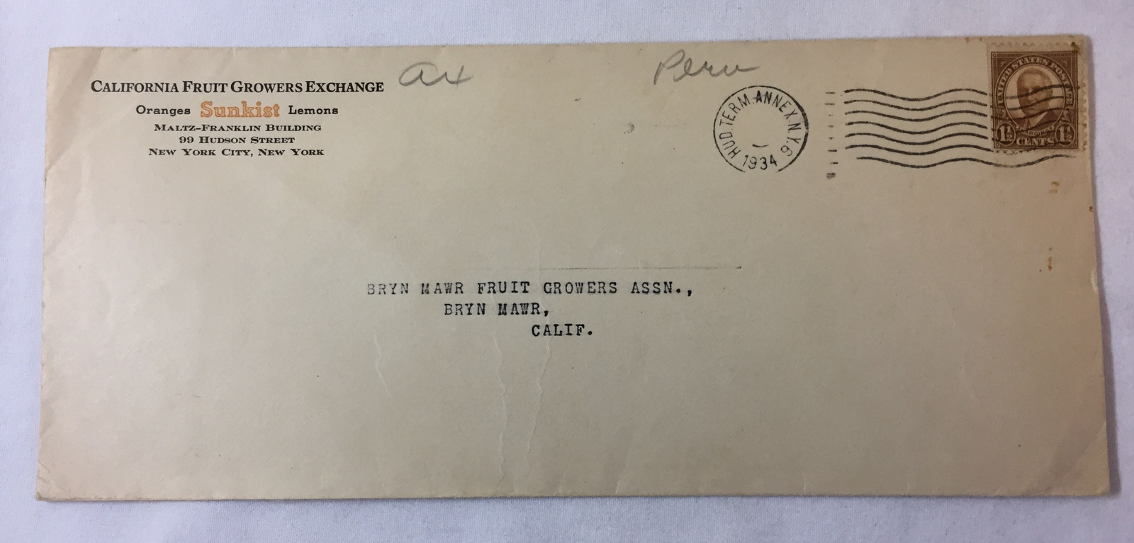 1934 SUNKIST cancelled envelope