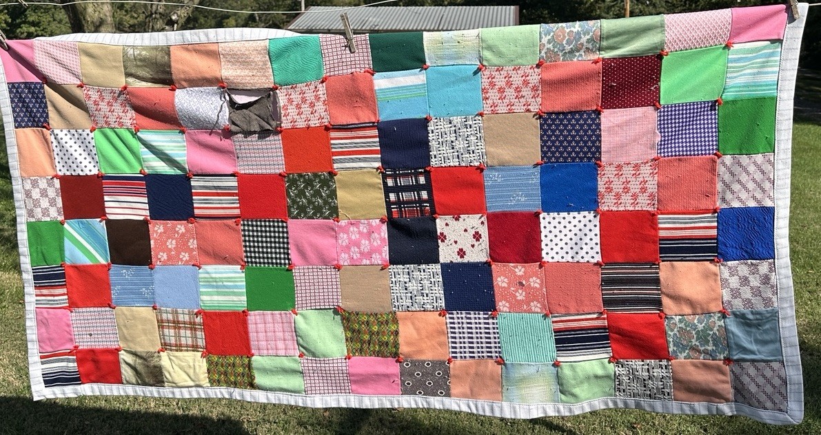 Vtg 70’s Hand-Tied Patchwork Quilt Polyester Squares Cotton Blend Backing Lap