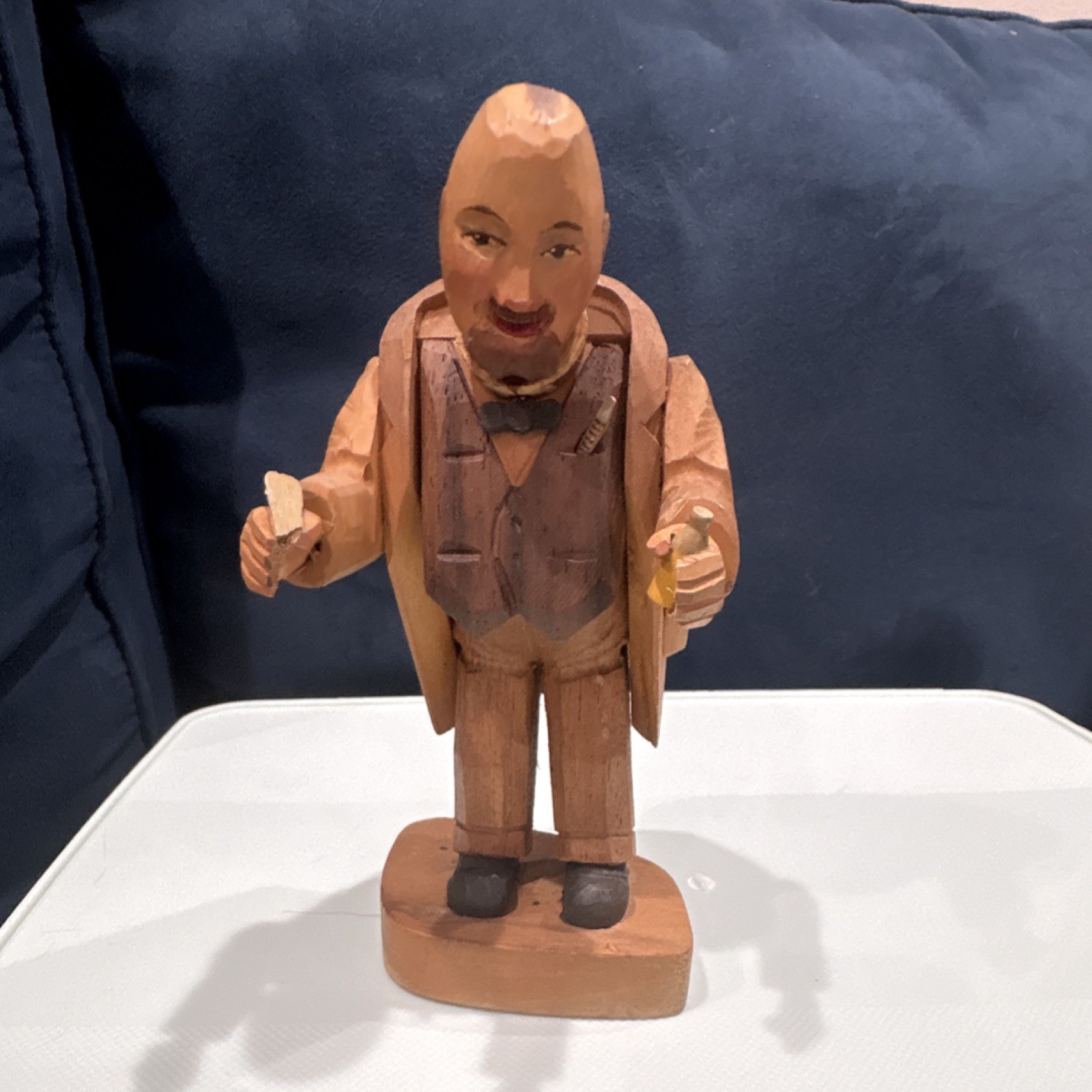 Hand-Carved Wooden Figurine Person Brown Natural Finish Wood Grain Sculpture