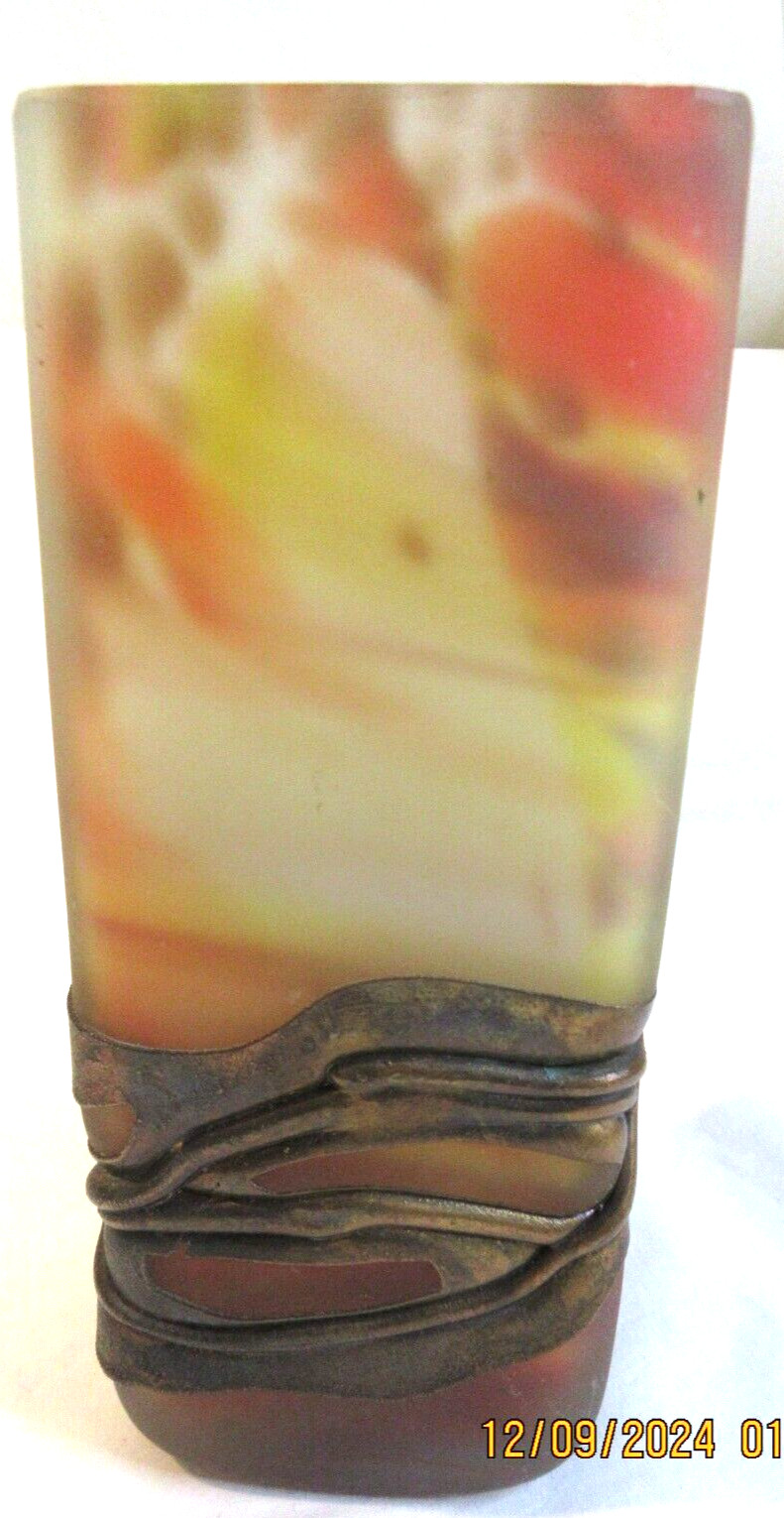 MCM~FILIP RAVERT~SIGNED~ COPPER OVERLAY & GLASS RECTANGULAR TALL VASE~8 3/8″