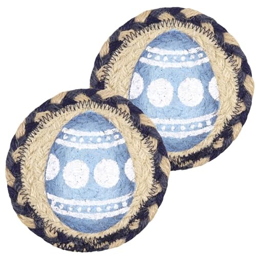 Blue Easter Egg Themed Coasters, Braided Jute with Pastel Design, Woven
