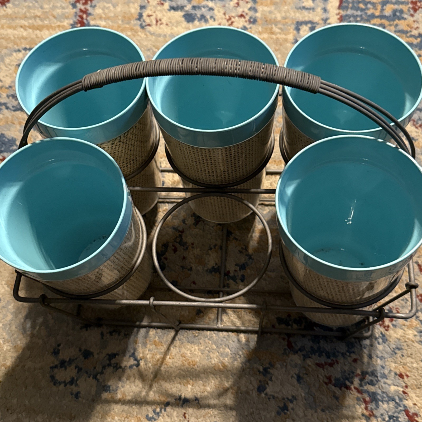 6 RaffiaWare Turquoise Thermal Tumblers/Glasses with Carrier Burlap 7″ Tall
