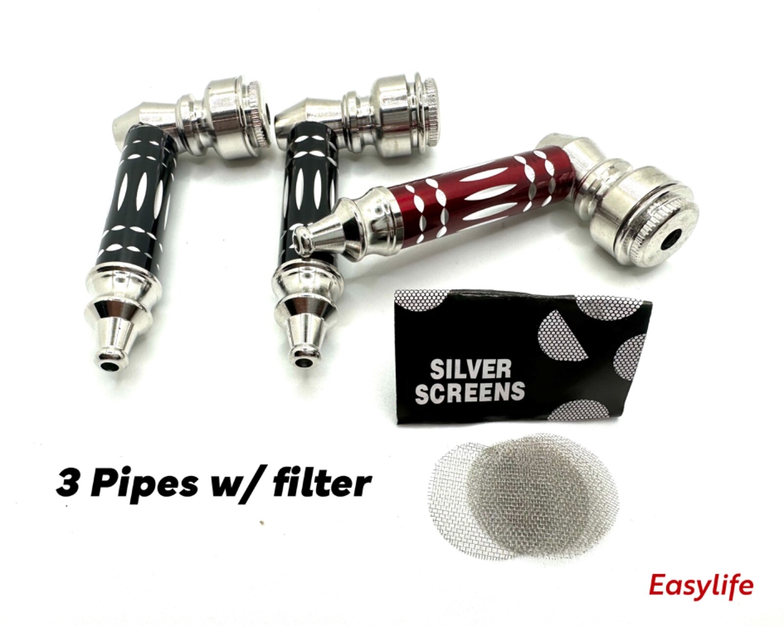 3X Metal Smoking Pipes With Caps + Tobacco Screens For Bowl SAME DAY SHIP