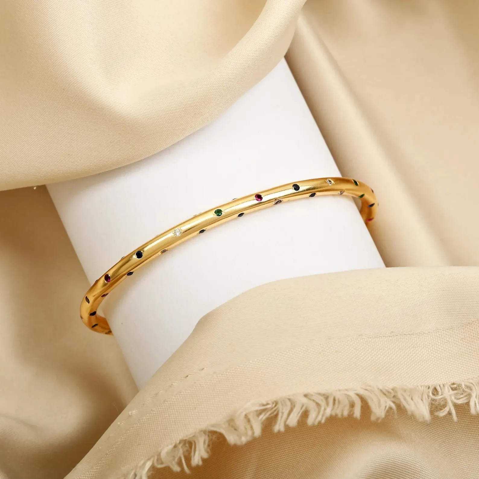 Multi-Gemstone Open Cuff Design Bangle Bracelet in 18K Yellow Gold Over 7.5″ Her