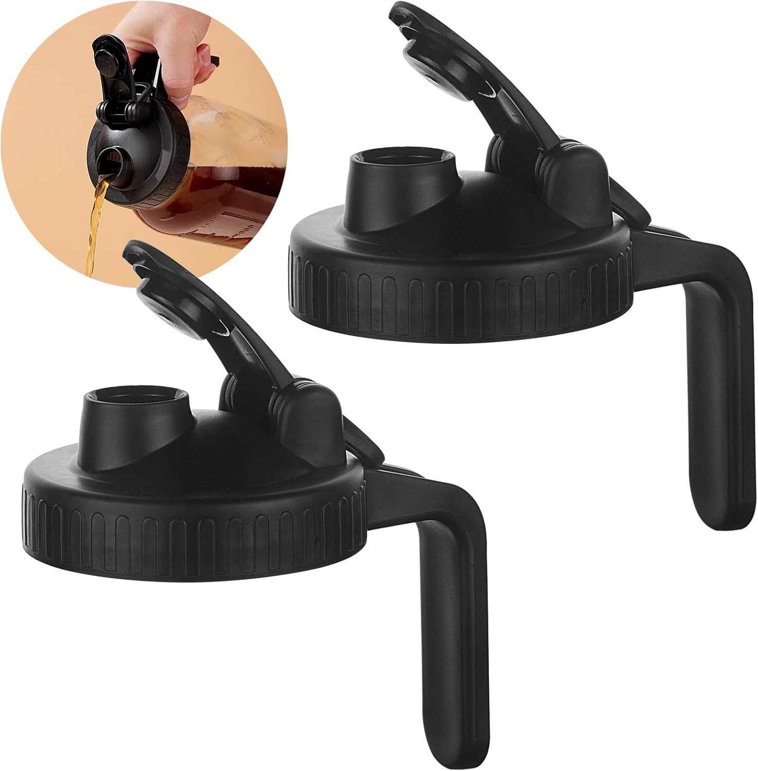 2 Pcs Mason Jar Pour Lids, Wide Mouth Flip Top, Airtight Spout, Black