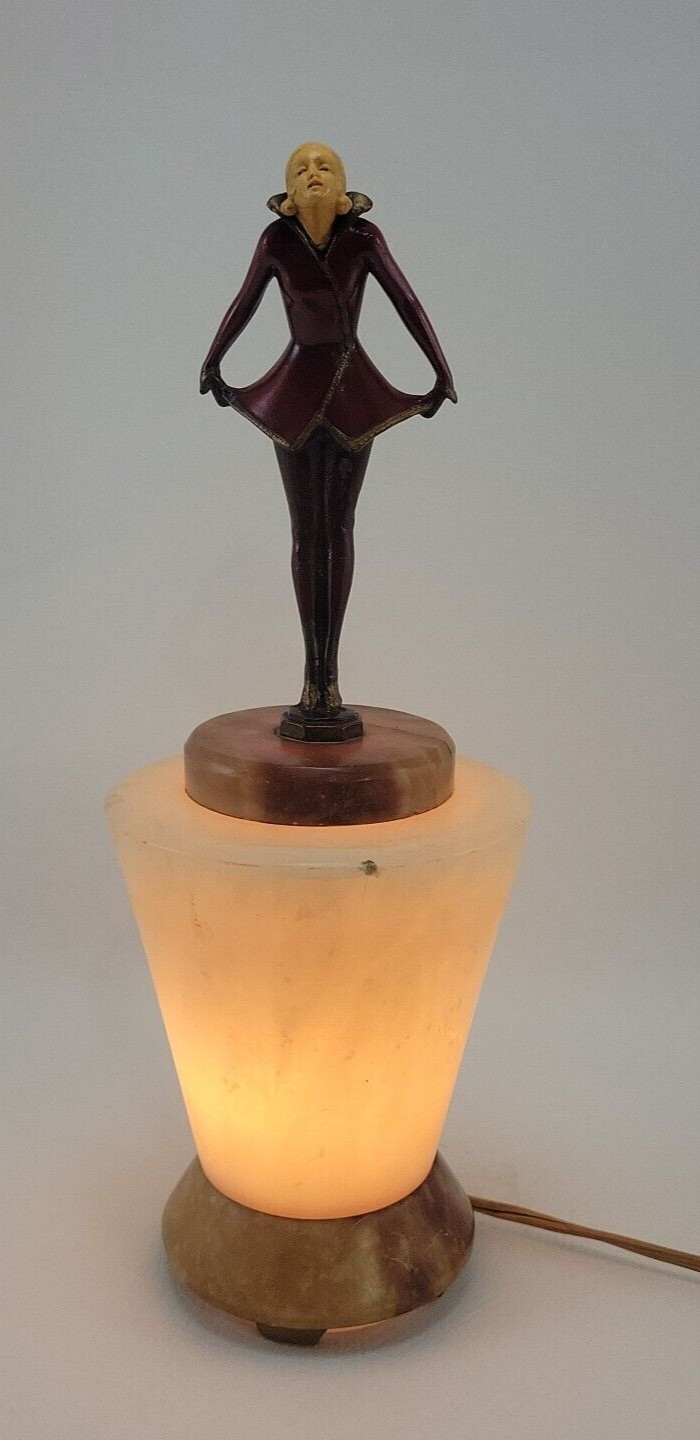 Joseph Lorenzl “The Kiss” Art Deco Painted Bronze Figure on Alabaster Lamp