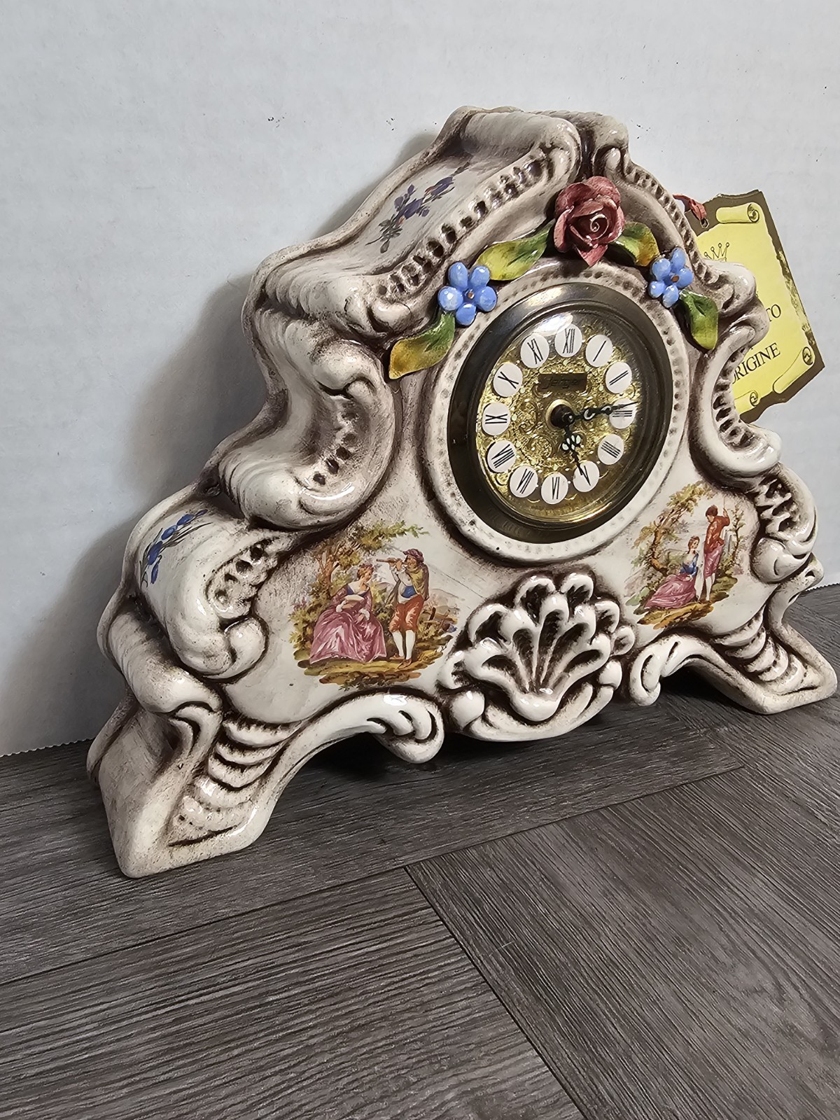 CAPODIMONTE PORCELAIN CLOCK ITALY W. GERMAN MECHANICAL MOVEMENT FLORAL PAINTED