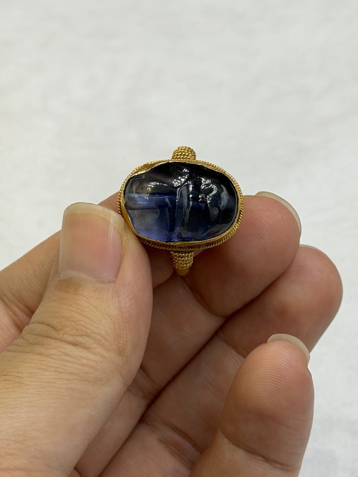 Stunning Ancient Roman Solid High Karat Gold Ring With Unique Blue Stone