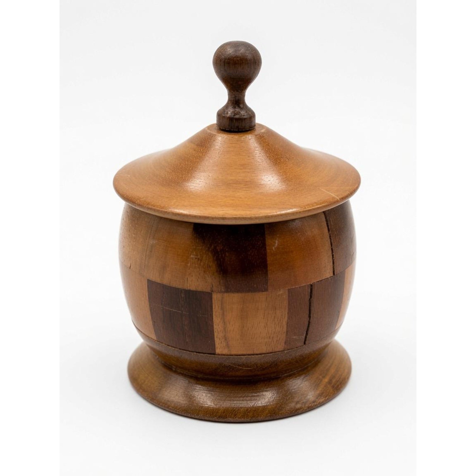 Vintage Segmented Wood Lidded Trinket Box Turned Wood Jar Ball Finial AS-IS