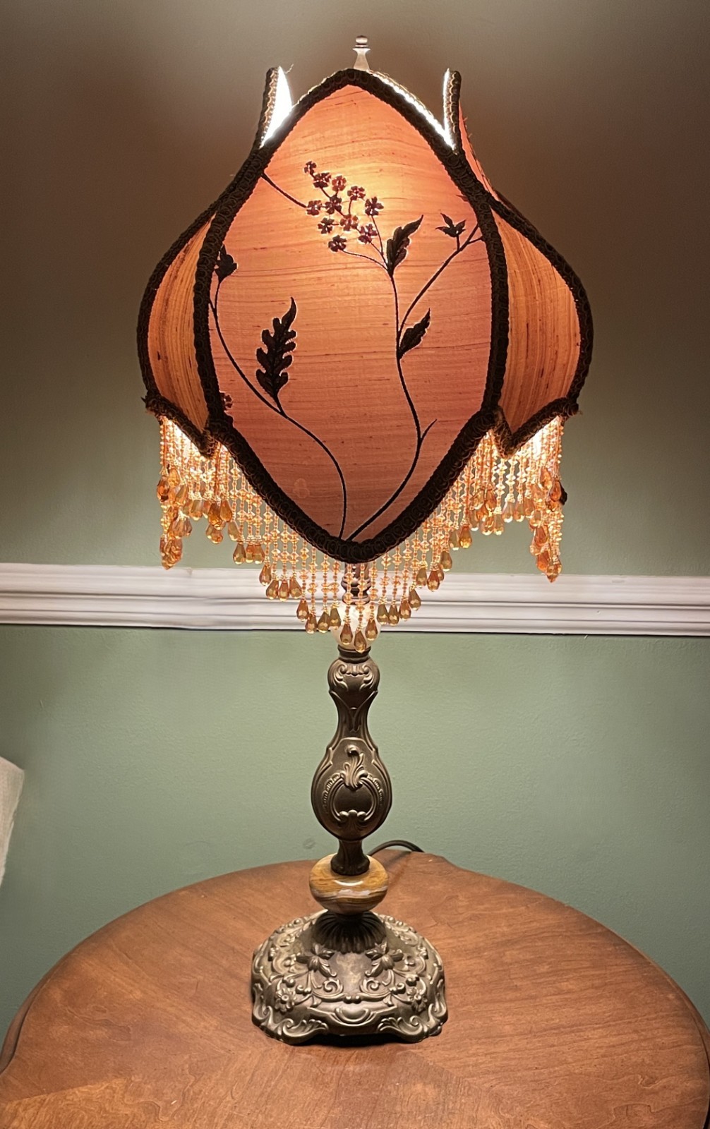 Vintage Victorian Revival Table Lamp Heavy Brass Stone Base Amber Fringe Shade