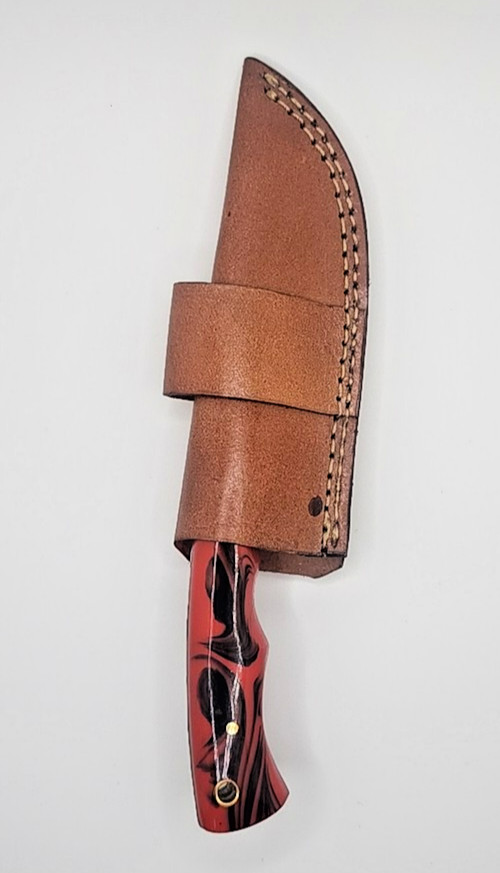 Custom Handmade Damascus Gut Hook Knife Red Black Resin Handle w/ Leather Sheath