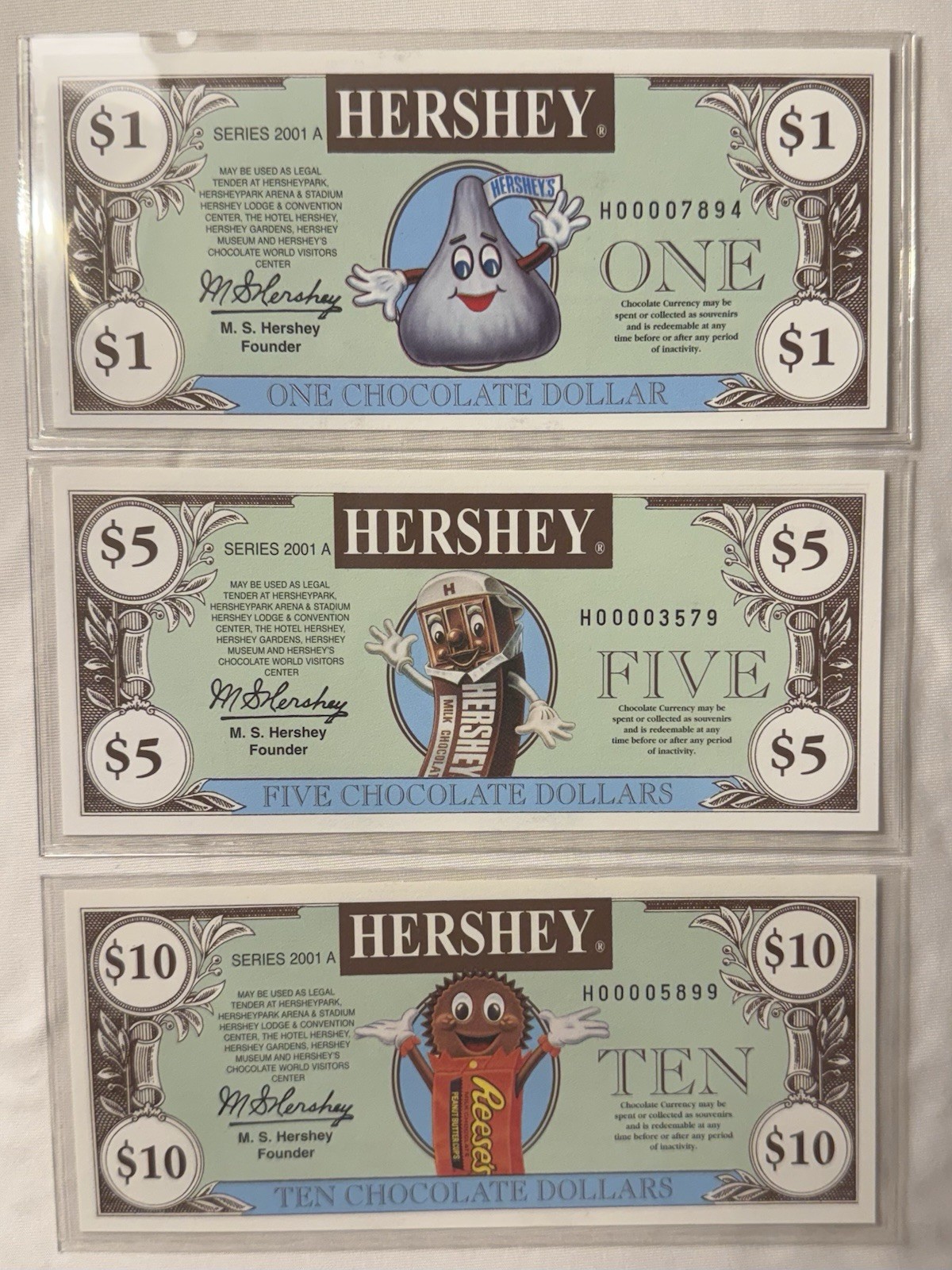 2001 Hershey Chocolate Currency Set Of 3 uncirculated Notes