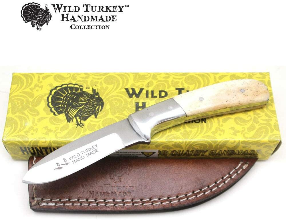 Wild Turkey Handmade Collection 7.25″ Fixed Blade Hunting Knife w/Leather Sheath