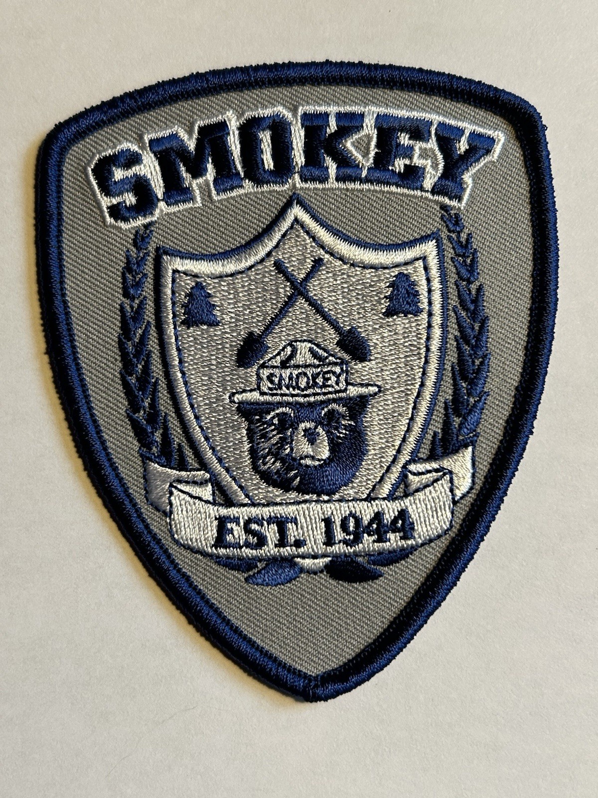 Smokey Bear Est. 1944 Blue/Gray Shield Iron-On Patch